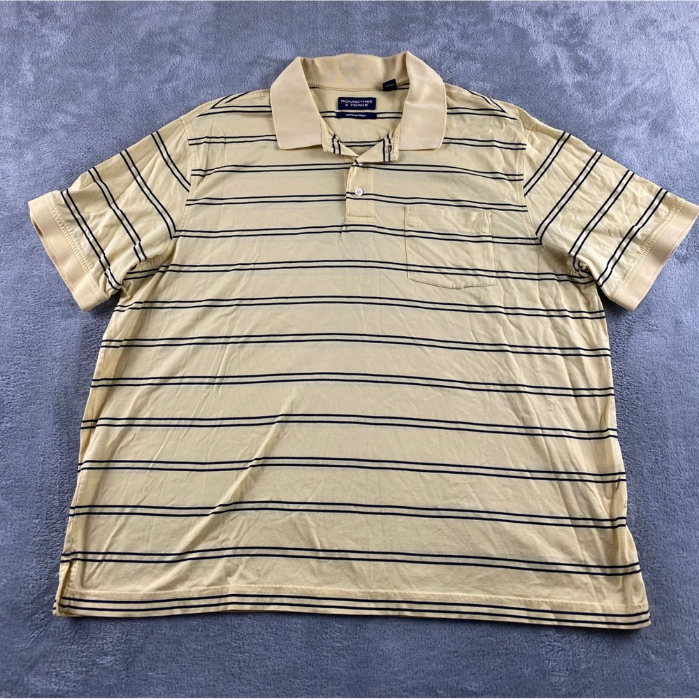 Roundtree & Yorke Mens XL Mercerized Cotton Striped Polo Shirt Yellow Navy Blue